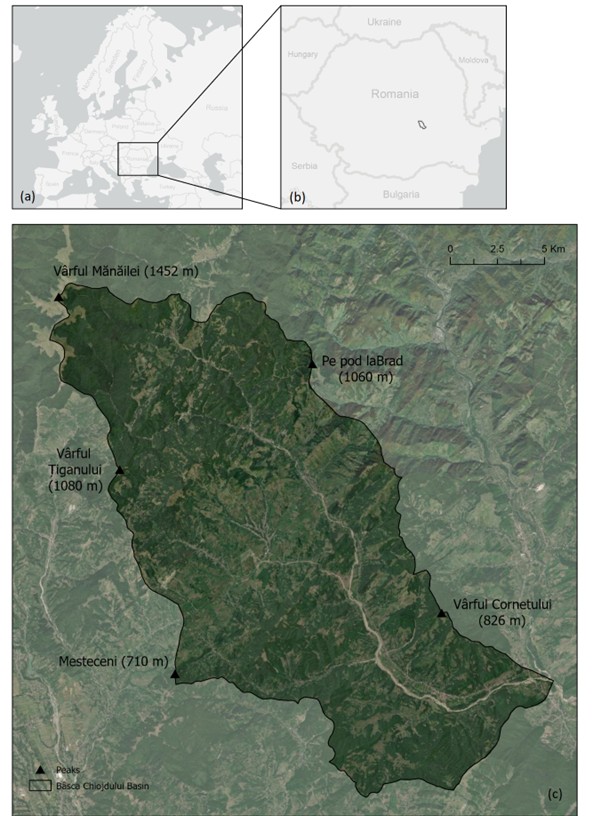 Figure 1. Location of the B&acirc;sca Chiojdului basin: a) in Europe; b) in Romania; c) detailed location.