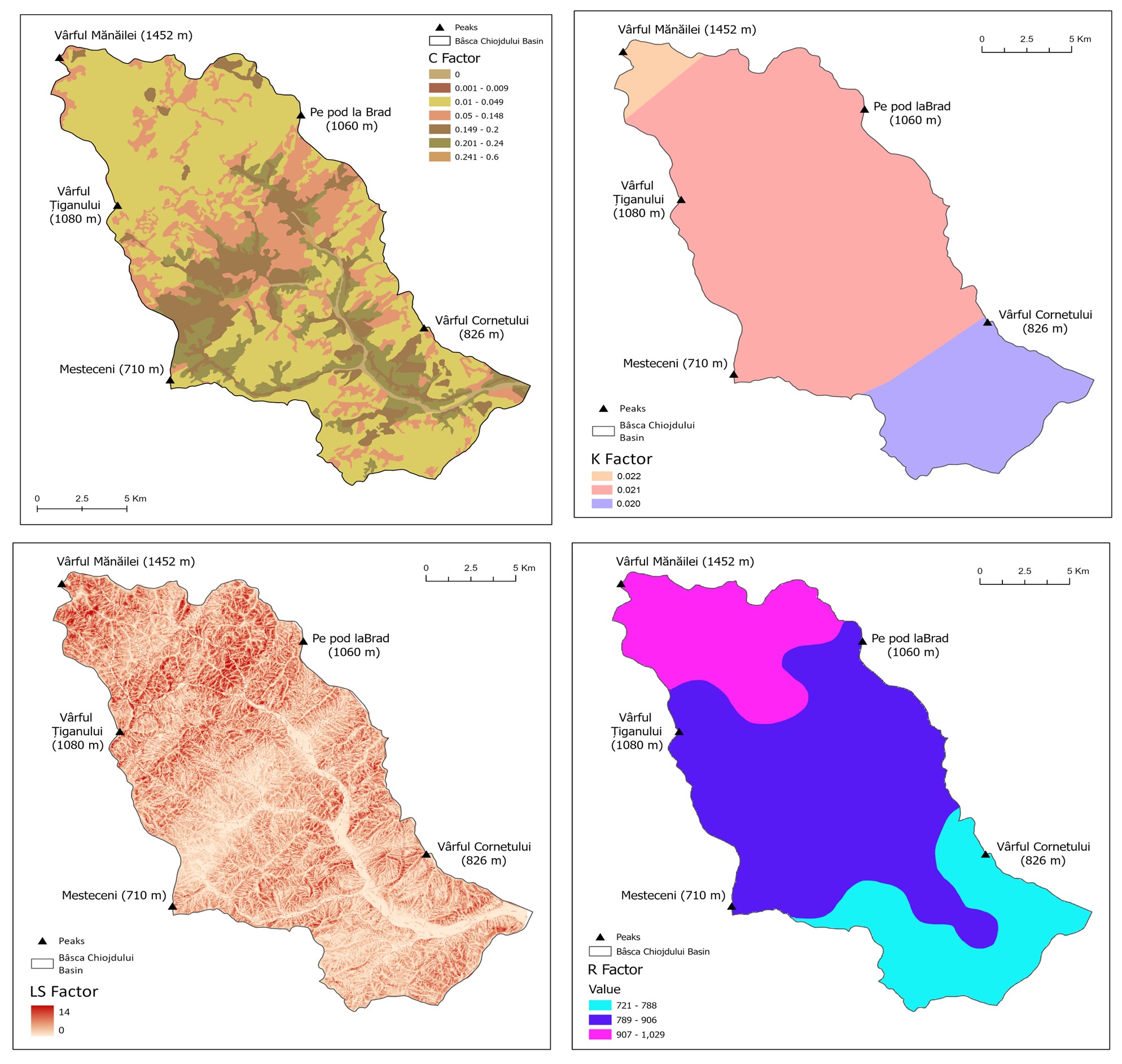 Figure 2. Parameters of RUSLE model, a) land cover and management factor, b) soil erodibility factor, c) slope length and slope steepness factor, d) rainfall erosivity factor.