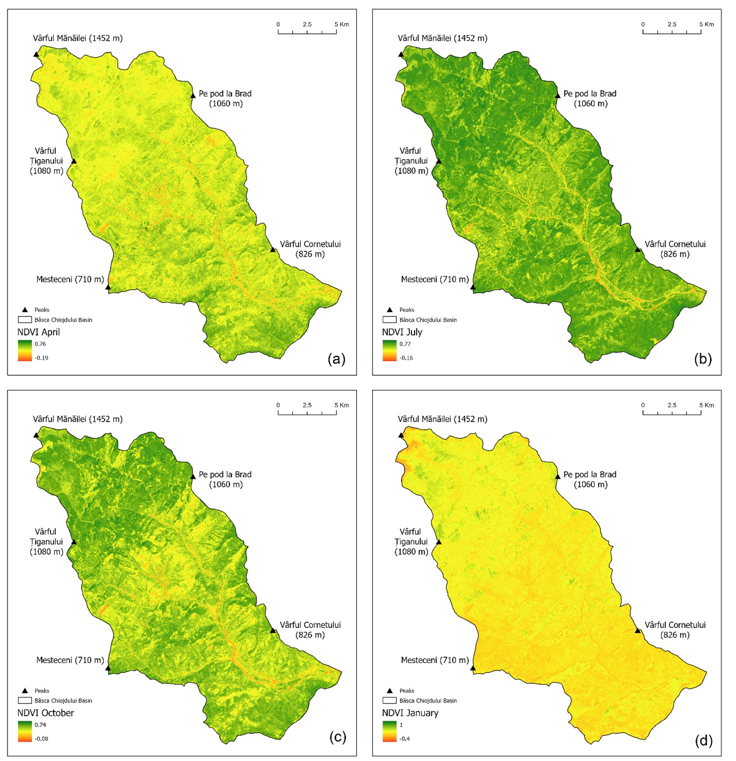 Figure 3. NDVI maps for a) April; b) July; c) October; d) January, in B&acirc;sca Chiojdului basin, 2024.