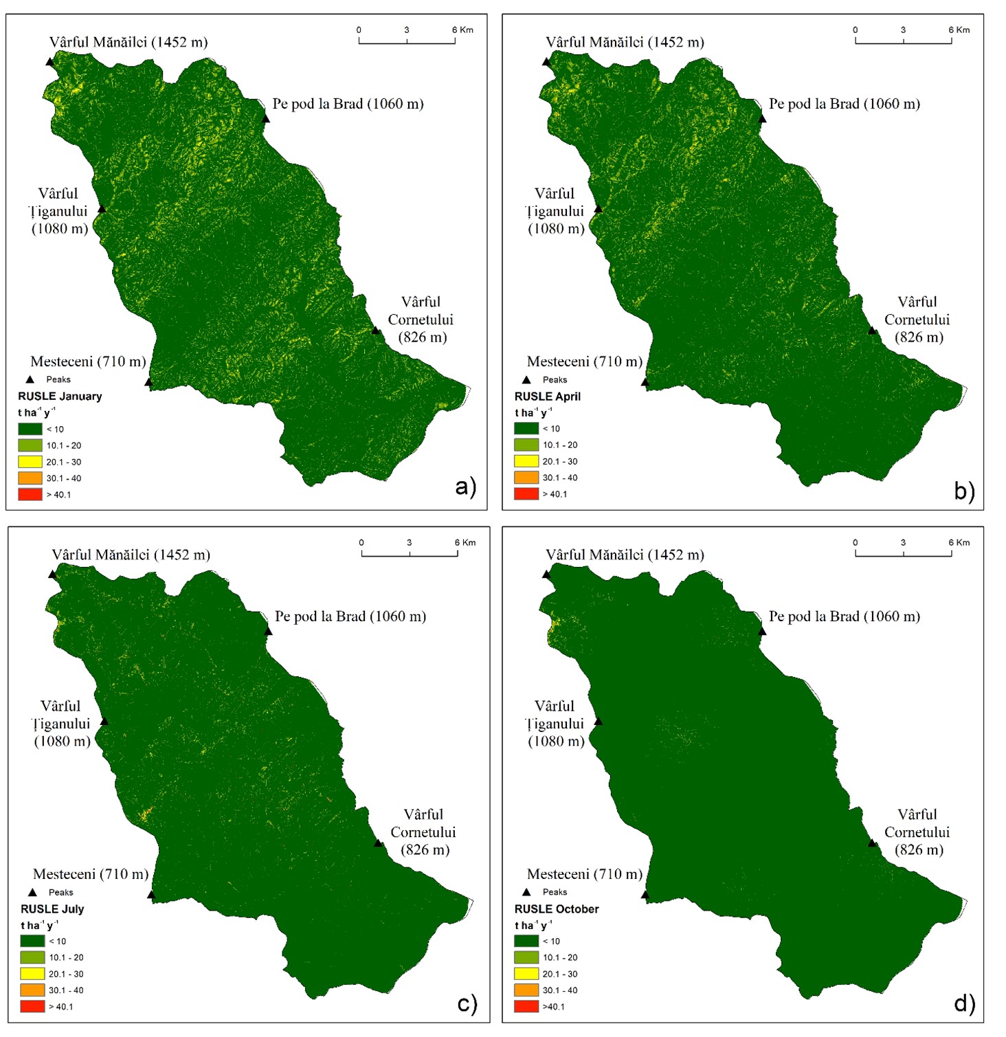 Figure 5. Soil loss maps using NDVI C Factor based on season a) January; b) April; c) July; d) October, in B&acirc;sca Chiojdului basin, 2024.