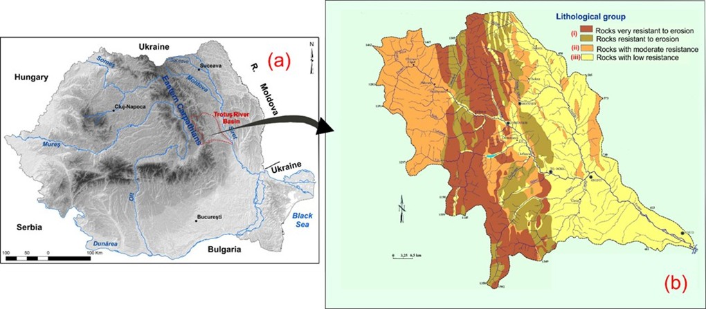 Figure 1. (a) Location of the study area in Romania and the Eastern Carpathians; and (b) main hydrographic network and lithological groups according to erosion resistance (Dumitriu, 2014).