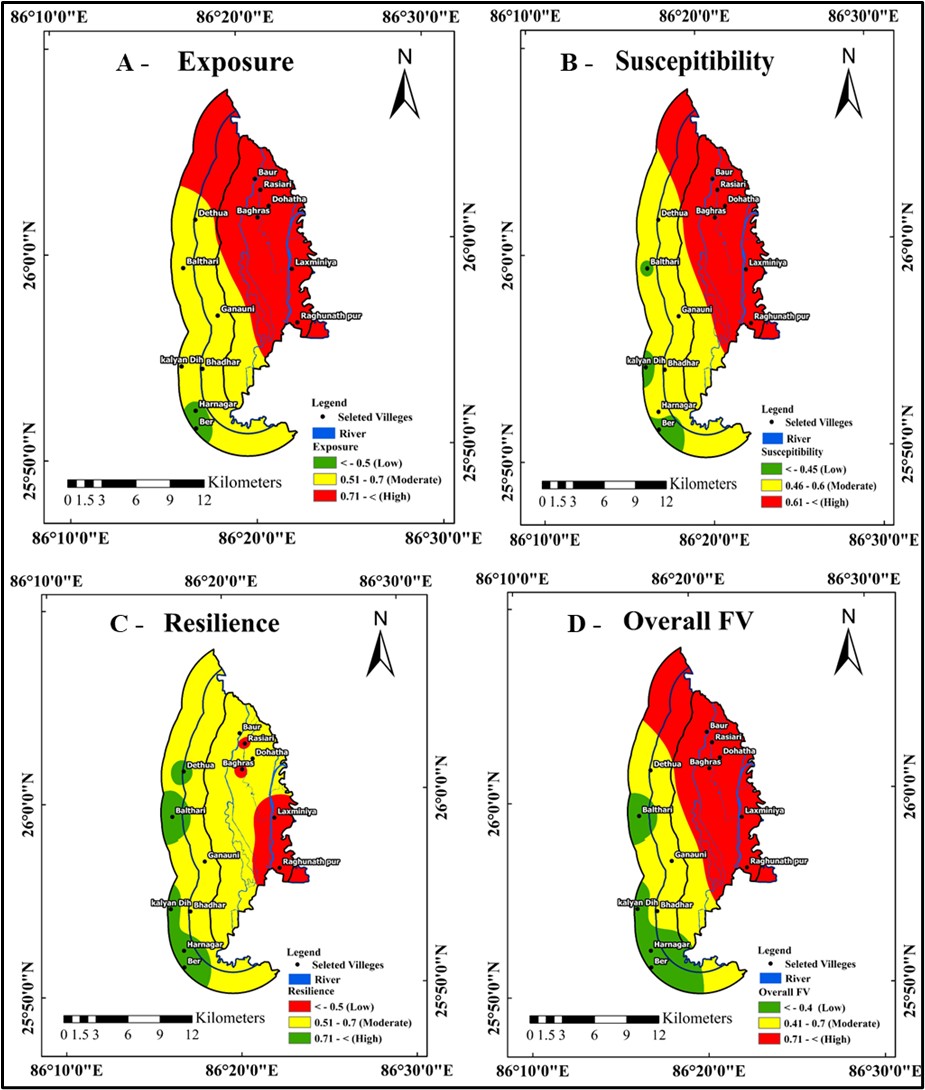 Figure 2. IDW Interpolation of the data, A - Exposure, B - Susceptibility, C - Resilience, D - Overall FV (Source: computed by Authors, 2024).