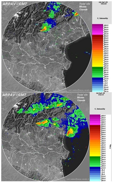 Figure 8. BASE Section Corrected Intensity (dBZ) at 09:30 (up) and 16:10 UTC (down), 8 July 2015, showing the early development of the supercell over northern Vicenza, Veneto region.
