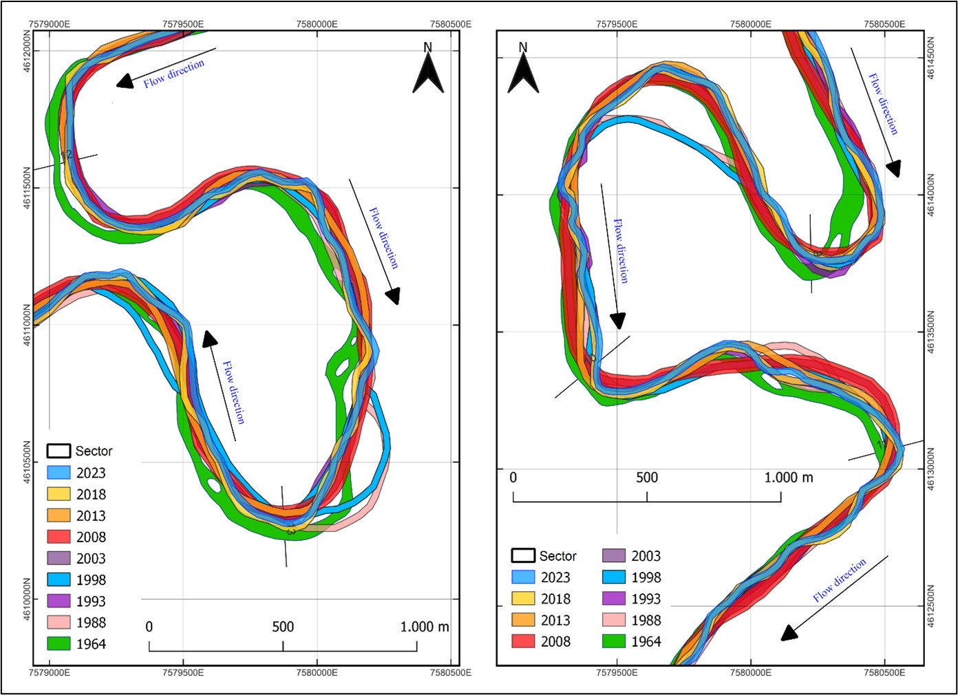 Figure 10. Two most prominent bends of the Bregalnica River meander section, period 1964-2023 year.