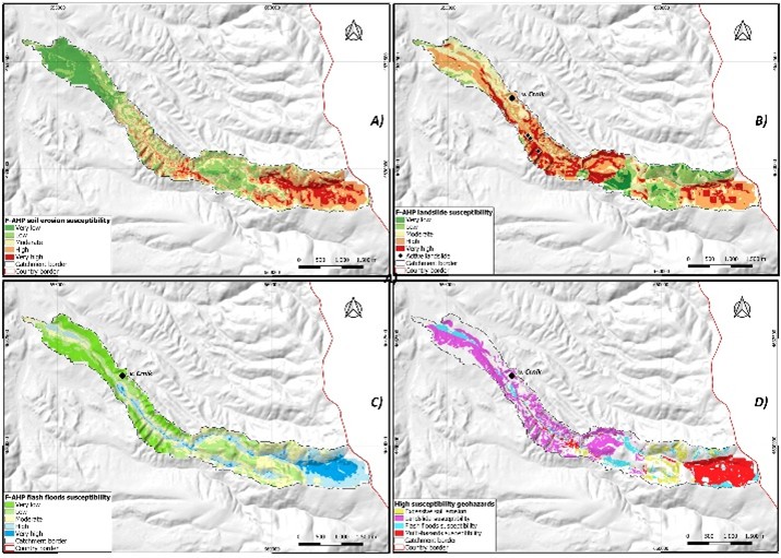 Figure 11. FAHP-based geohazard susceptibility maps and multi-hazard overlay.