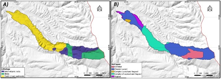 Figure 2. Lithological map according to Karajovanović et al. (1976), 100k A); and soil map according to Soil map of Macedonia, FAO (2015), 50k B).