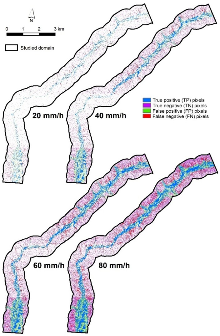 Figure 6. Predicted flood extent by the XGB model for the studied rainfall scenarios, assembled from held-out predictions across the ten spatial cross-validation folds.