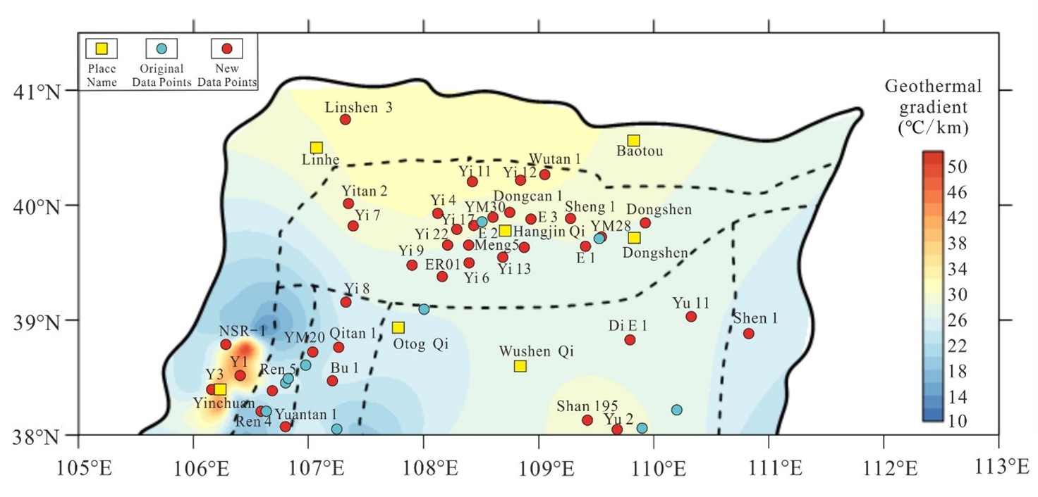 Figure 5. Geothermal gradient contour map of the Yimeng Uplift and adjacent areas.