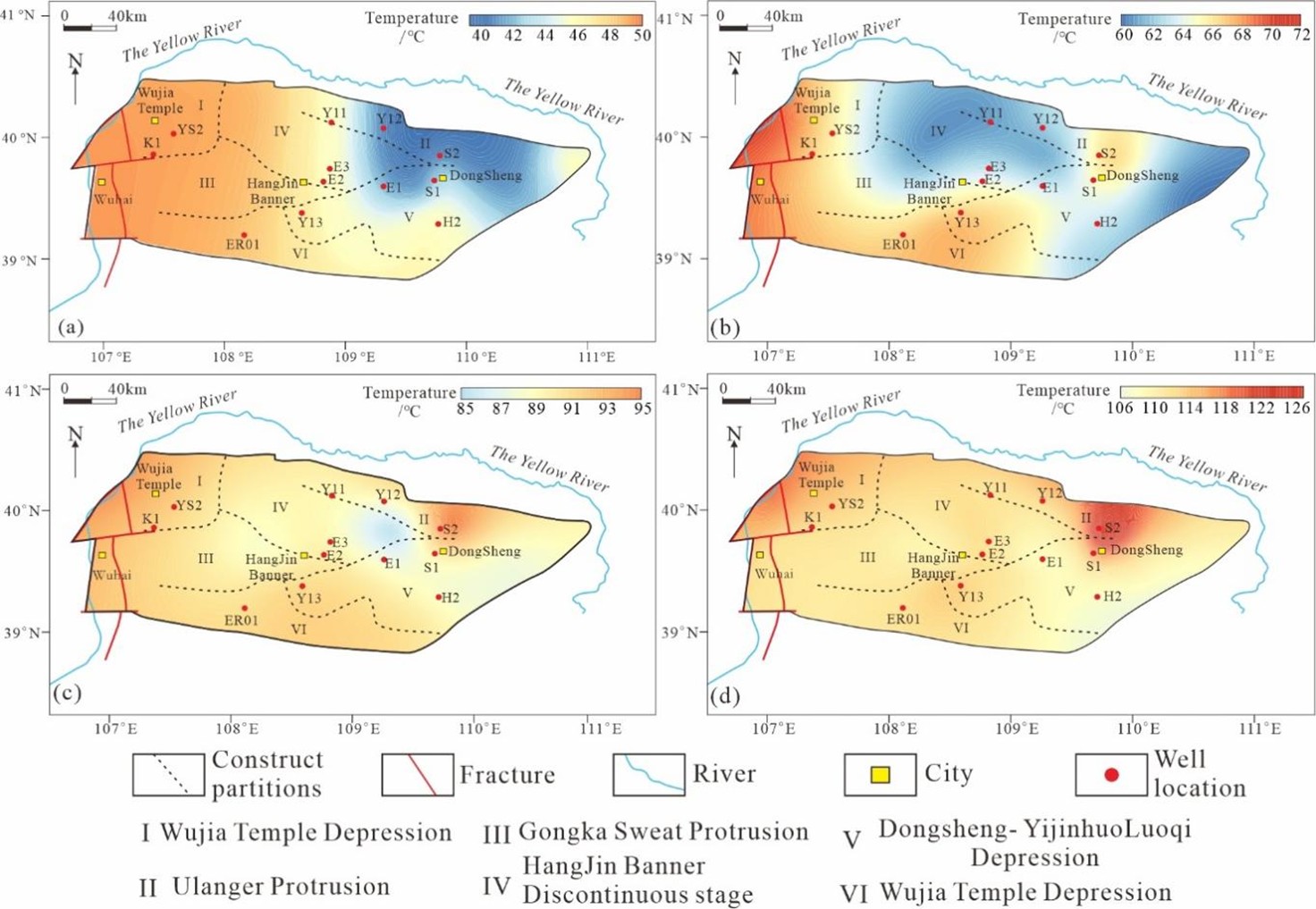 Figure 7. Planar Distribution of Formation Temperature in the Yimeng Uplift (a)Temperature at 1000m (b)Temperature at 2000m (c)Temperature at 3000m (d)Temperature at 4000m.
