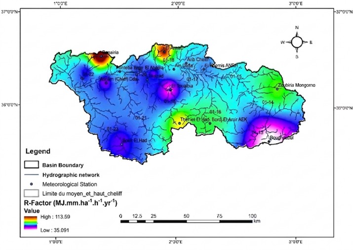 Figure 4. R factor distribution map in the Upper and Middle Cheliff watershed.
