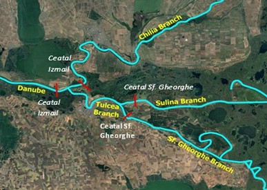 Figure 3. Location of hydrometric stations near the bifurcations of the Danube River.