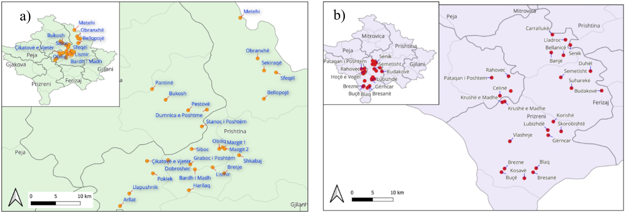 Figure 1a–b. Maps of sampling sites for soil and cabbage (Brassica oleracea) showing spatial distribution of collected samples in the Prishtina and Prizren regions.