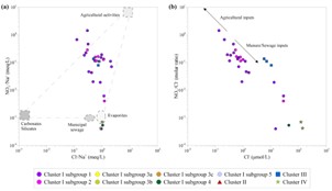 Figure 9. Relationships between ions in groundwater samples from the study area. (a) NO3-/Na+ versus Cl-/Na+, and (b) NO3-/Cl- versus Cl-.