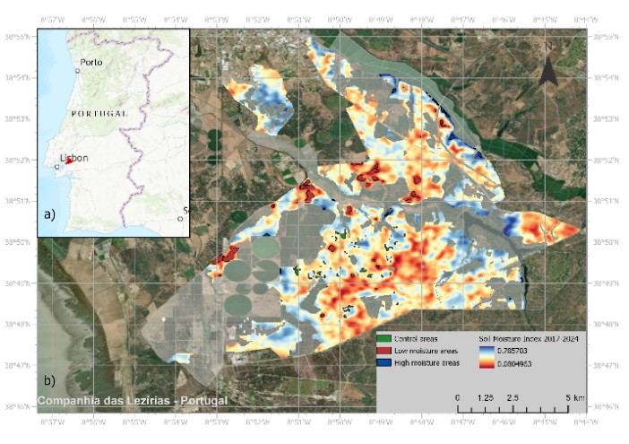 Figure 1. a. Study area &ndash; Companhia das Lez&iacute;rias, Portugal; b. Soil moisture index mean value for 2017-2024, indicating areas of different soil moisture intensity (high, low and control) and the locations of the sampling plots. Basemap: Esri, DigitalGlobe, GeoEye, i-cubed, USDA FSA, USGS, AEX, Getmapping, Aerogrid, IGN, IGP, swisstopo, and the GIS User Community.