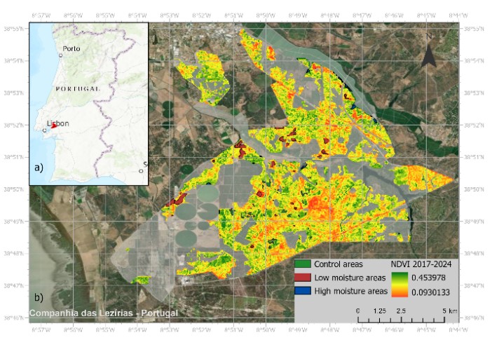 Figure 2. a. Study area &ndash; Companhia das Lez&iacute;rias, Portugal; b. Normalized Difference Vegetation Index mean value for 2017-2024, indicating areas of different soil moisture intensity (high, low, and control) and the locations of the sampling plots. Basemap: Esri, DigitalGlobe, GeoEye, i-cubed, USDA FSA, USGS, AEX, Getmapping, Aerogrid, IGN, IGP, swisstopo, and the GIS User Community.