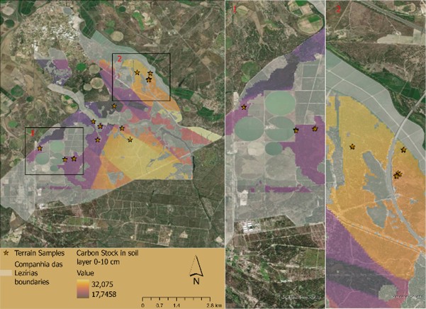 Figure 3a. Carbon distribution pattern in the 0-10 cm soil layer, Basemap: Esri, DigitalGlobe, GeoEye, i-cubed, USDA FSA, USGS, AEX, Getmapping, Aerogrid, IGN, IGP, swisstopo, and the GIS User Community.