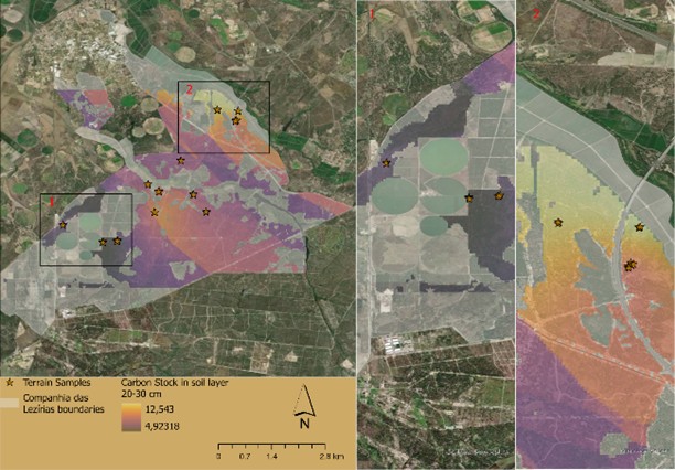 Figure 3c. Carbon distribution pattern in the 20-30 cm soil layer, Basemap: Esri, DigitalGlobe, GeoEye, i-cubed, USDA FSA, USGS, AEX, Getmapping, Aerogrid, IGN, IGP, swisstopo, and the GIS User Community.