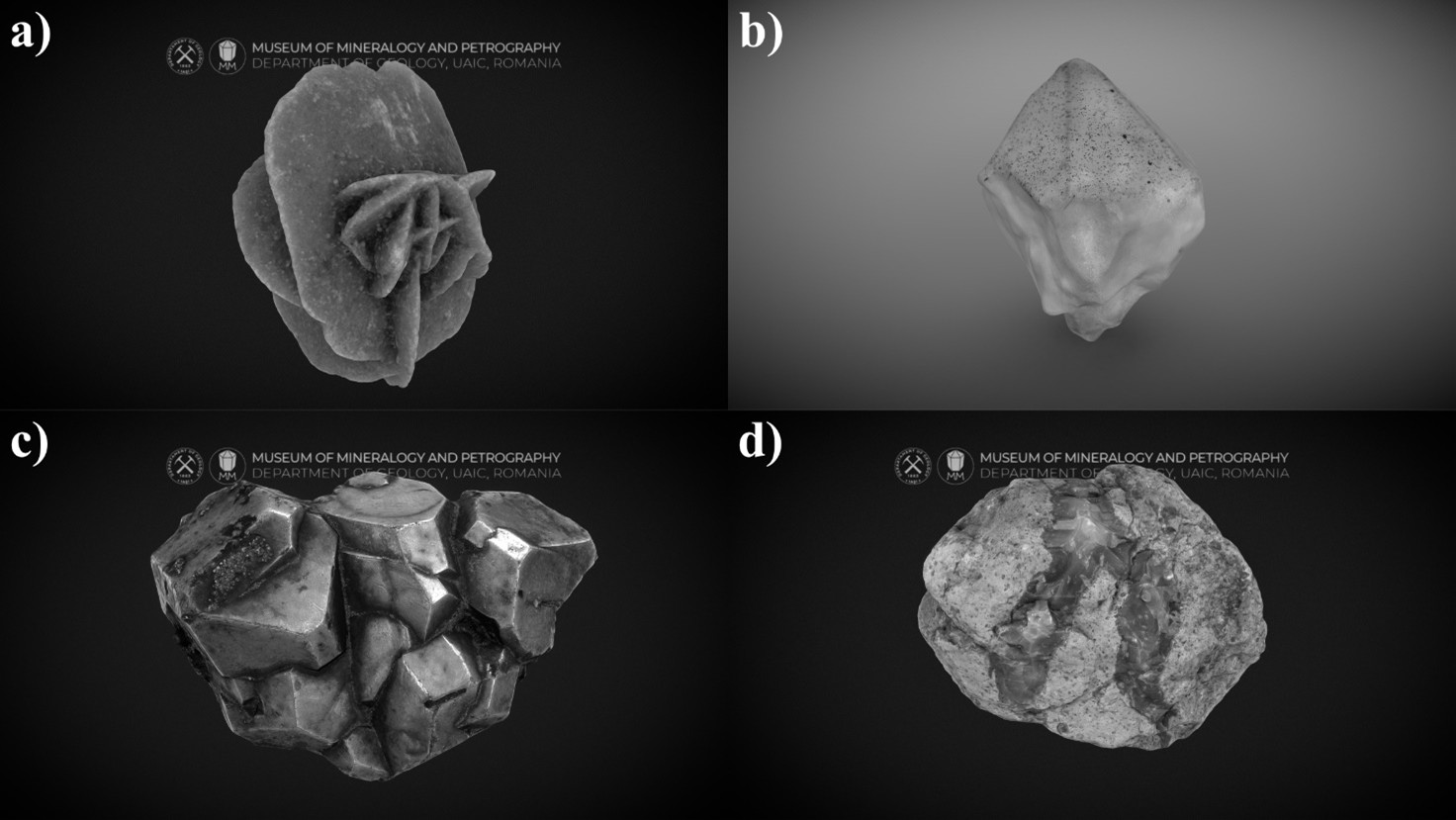 Figure 4. Examples of successfully reconstructed geological samples by using photogrammetry technique (SfM-MVS) with a large range of optical properties: a) gypsum, desert rose &ndash; https://skfb.ly/6QUER; b) translucent amethyst with phantoms and hematite inclusions &ndash; https://skfb.ly/6WsyG; c) highly reflective galena cluster &ndash; https://skfb.ly/6UvoX; and d) agate vein with specular highlights in rhyolite &ndash; https://skfb.ly/6RJos.